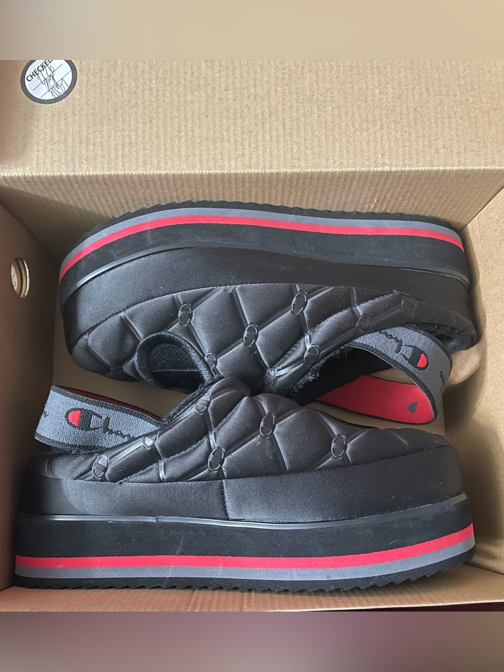 CHAMPION HOT STUFF PLATFORM SLING BACK SLIPPERS, BLACK/SCARLET/CONCRETE SIZE 8